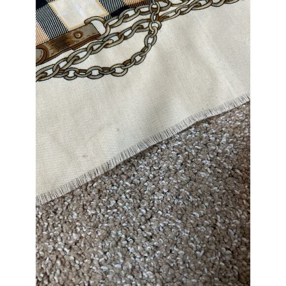 Women's large blanket scarf raw hem beige/tan/brown chain detail scrolling - Picture 3 of 8